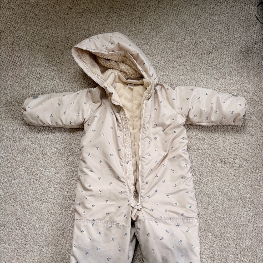 H&M Kids Cream Floral Hooded Fleece-lined Insulated One-Piece Snowsuit